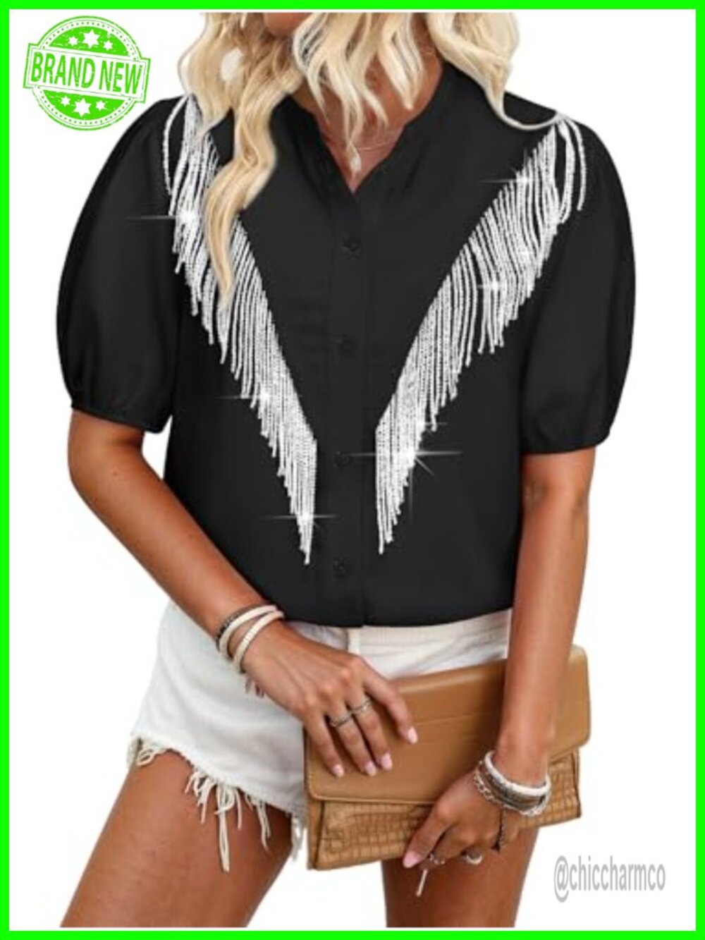 Women's Puff Short Sleeve Western Button Down Shirt Sparkly Fringe